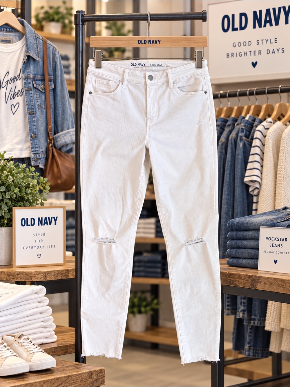 Old Navy White Cropped Rockstar Jeans with Knee Distress